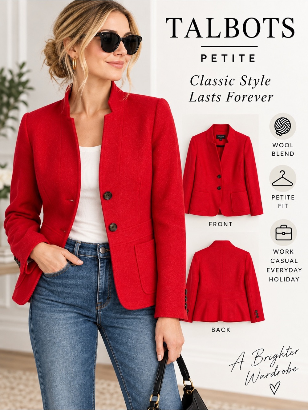 Talbots Petite Red Wool Blend Blazer Jacket Size 12P Classic Career